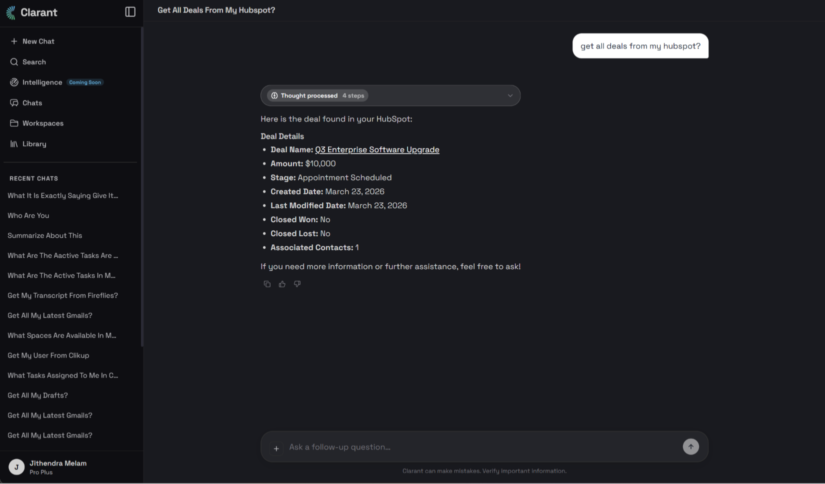 Ask questions in natural language and instantly retrieve HubSpot CRM insights.
